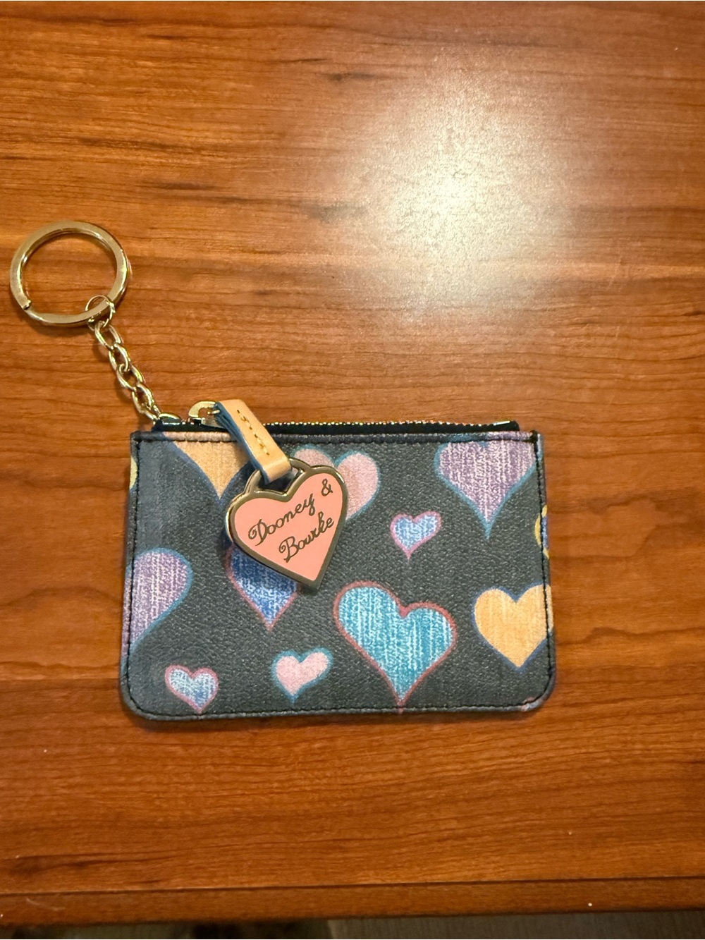 Dooney & Bourke Black Heart Print Zip Key Card Holder